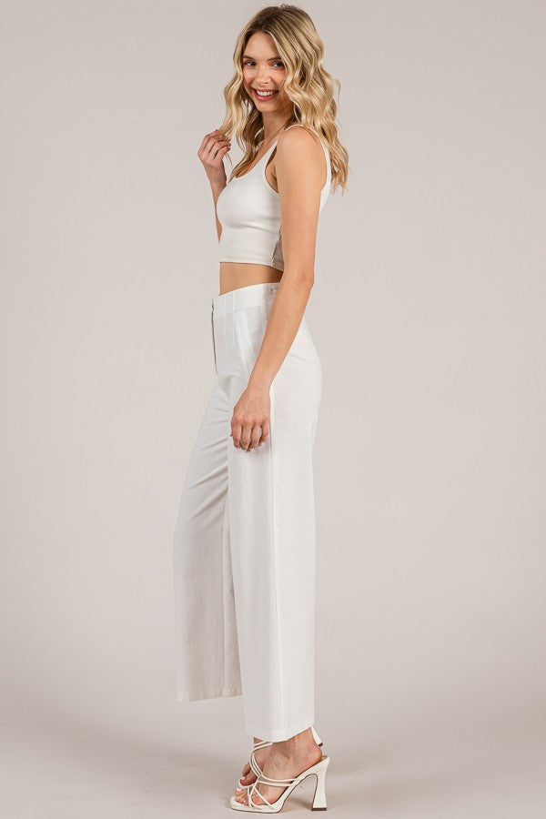 Linen Darted Waist Cropped Wide Leg Trousers
