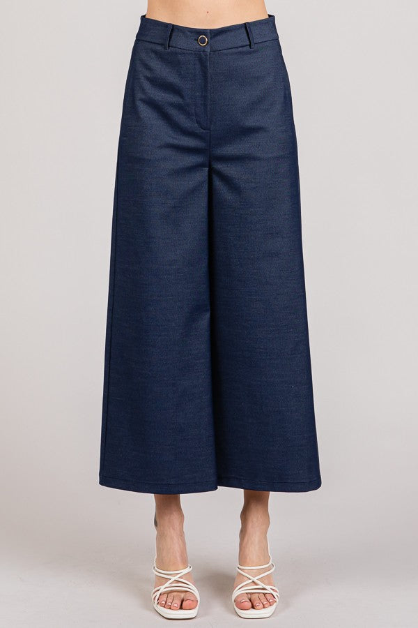 Denim Twill Wide Leg Cropped Trousers