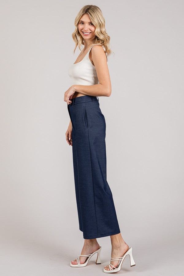 Denim Twill Wide Leg Cropped Trousers
