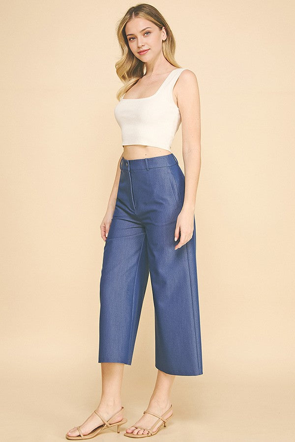 Denim Twill Wide Leg Cropped Trousers