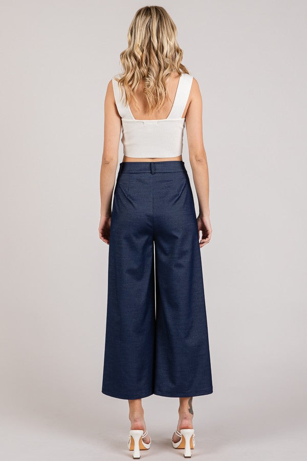Denim Twill Wide Leg Cropped Trousers