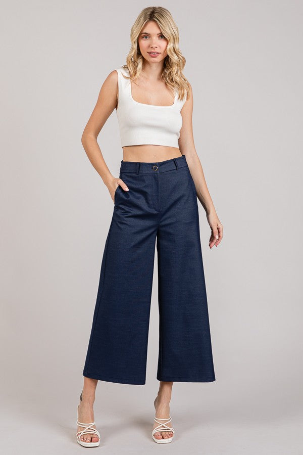 Denim Twill Wide Leg Cropped Trousers