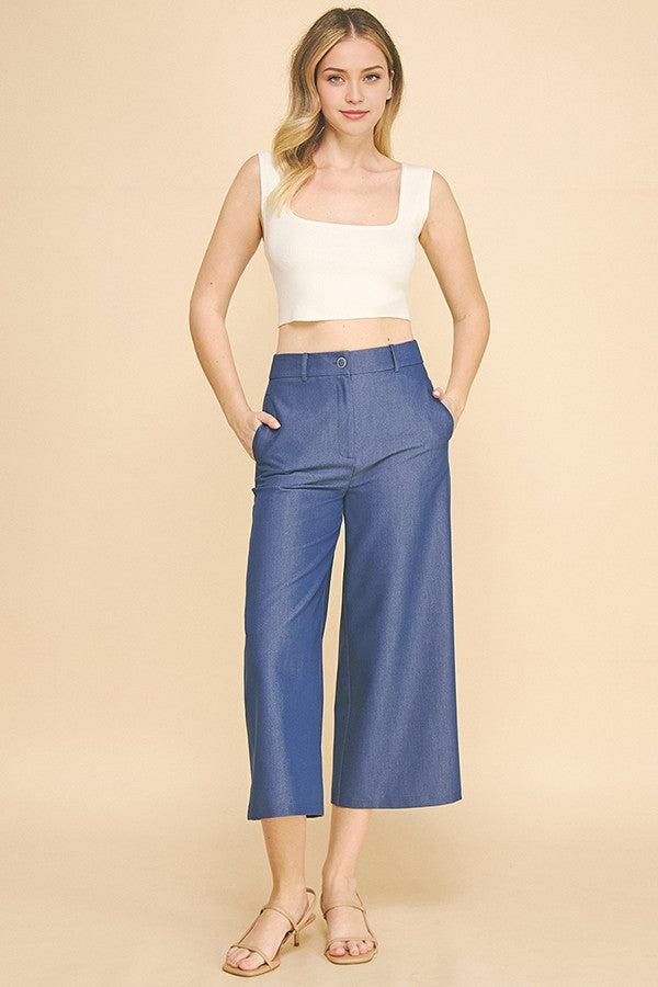 Denim Twill Wide Leg Cropped Trousers