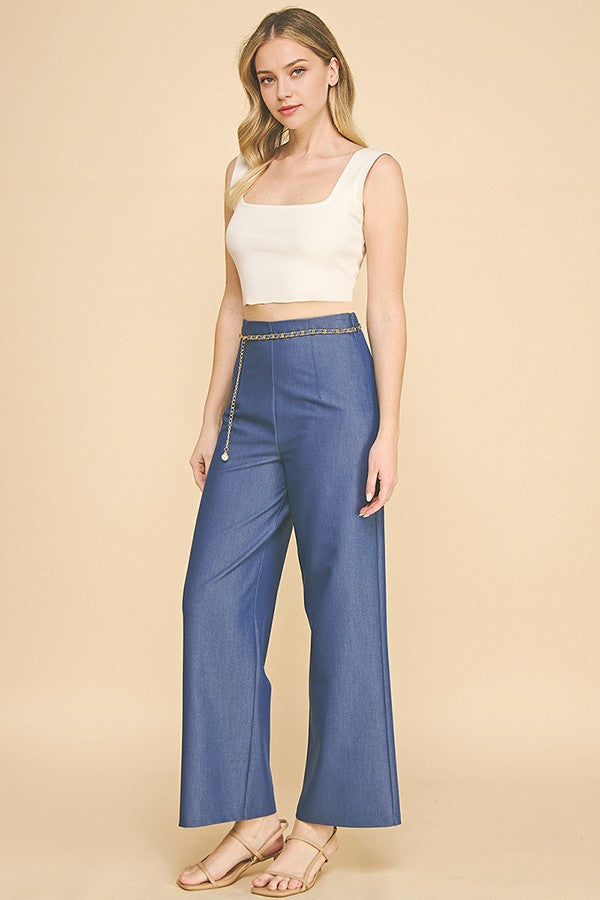 Denim Pearled Gold Chain Belted Darted Trousers
