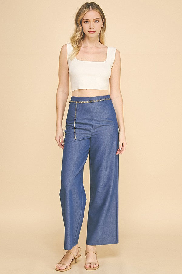 Denim Pearled Gold Chain Belted Darted Trousers