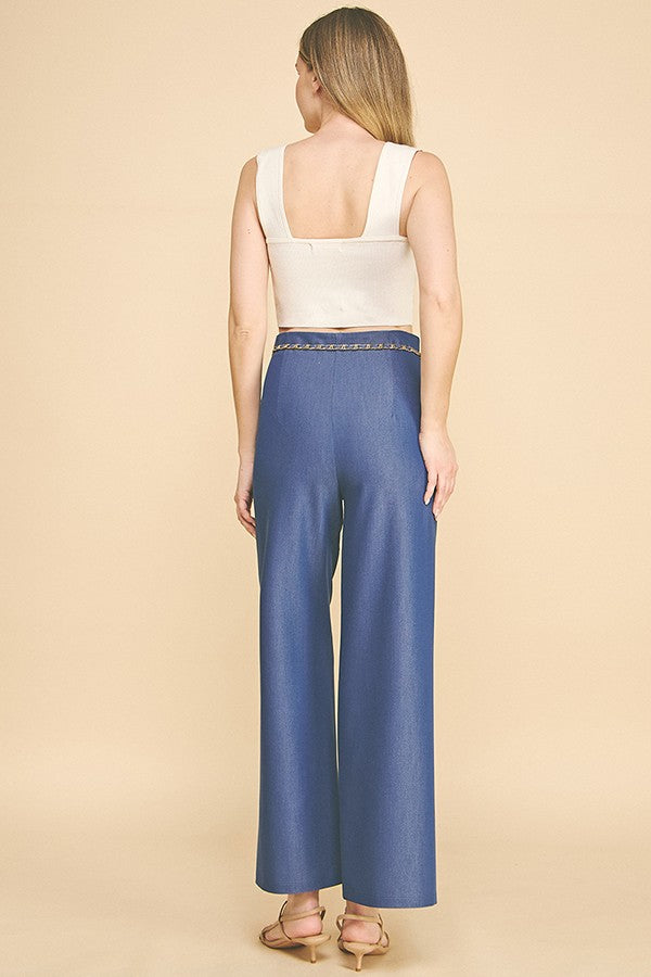 Denim Pearled Gold Chain Belted Darted Trousers