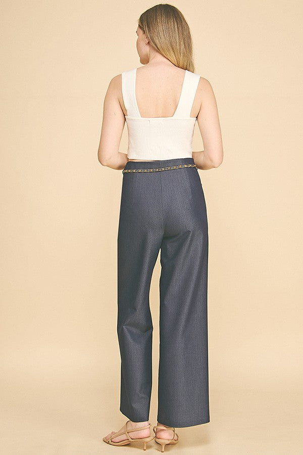 Denim Pearled Gold Chain Belted Darted Trousers