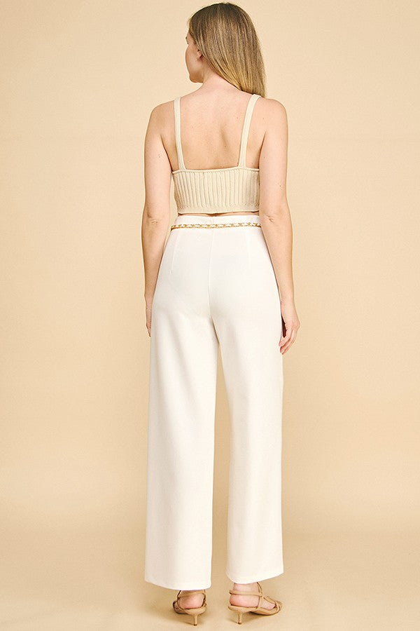 Denim Pearled Gold Chain Belted Darted Trousers