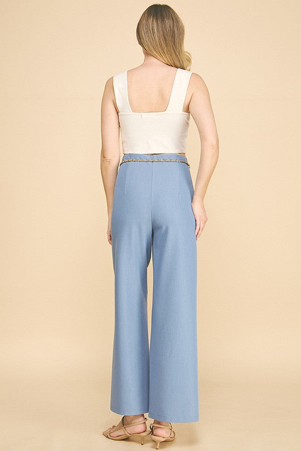 Denim Pearled Gold Chain Belted Darted Trousers