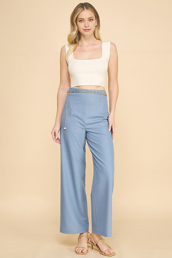 Denim Pearled Gold Chain Belted Darted Trousers