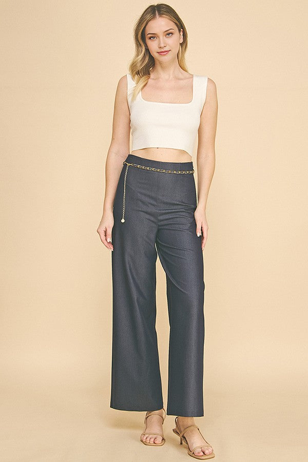 Denim Pearled Gold Chain Belted Darted Trousers