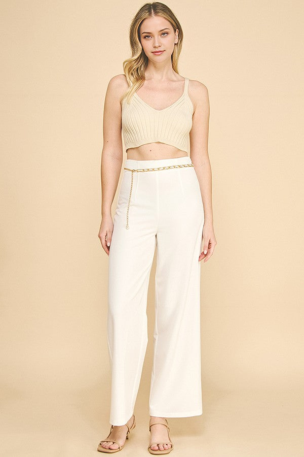Denim Pearled Gold Chain Belted Darted Trousers