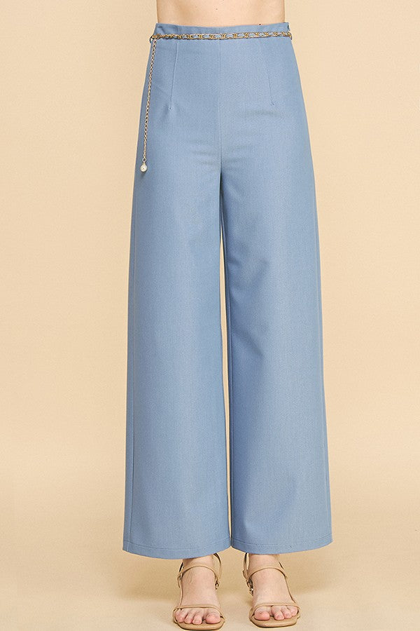 Denim Pearled Gold Chain Belted Darted Trousers