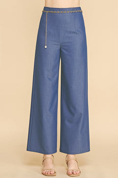 Denim Pearled Gold Chain Belted Darted Trousers