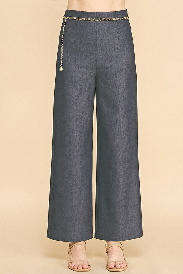 Denim Pearled Gold Chain Belted Darted Trousers