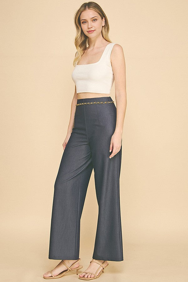 Denim Pearled Gold Chain Belted Darted Trousers