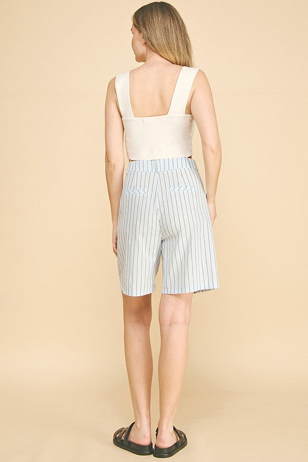 Striped Lawn Darted Bermuda Shorts