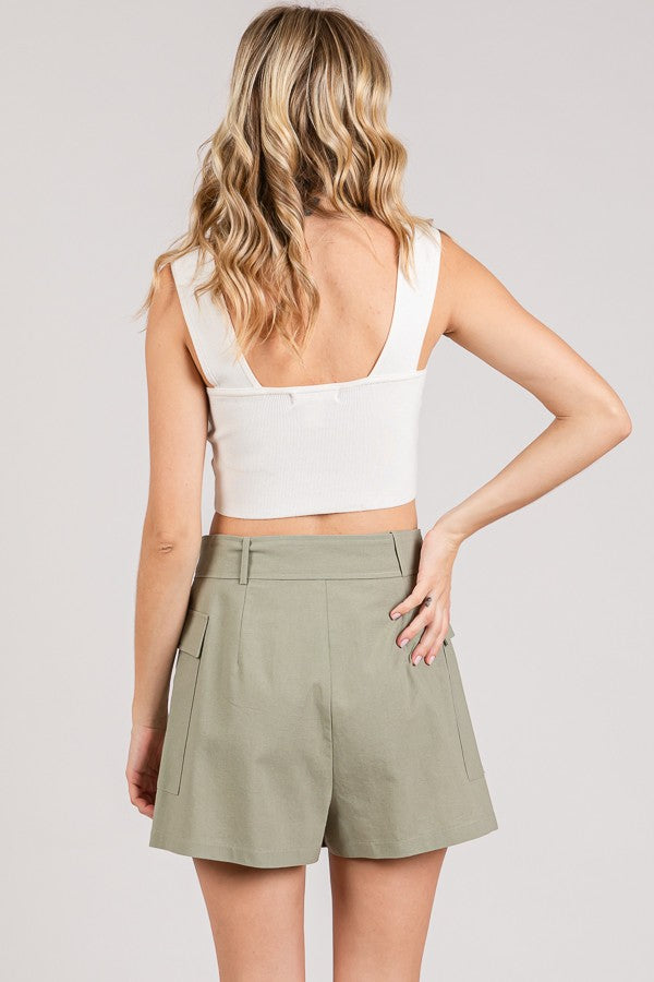 Linen Ring Tied Patch Pocketed Skort