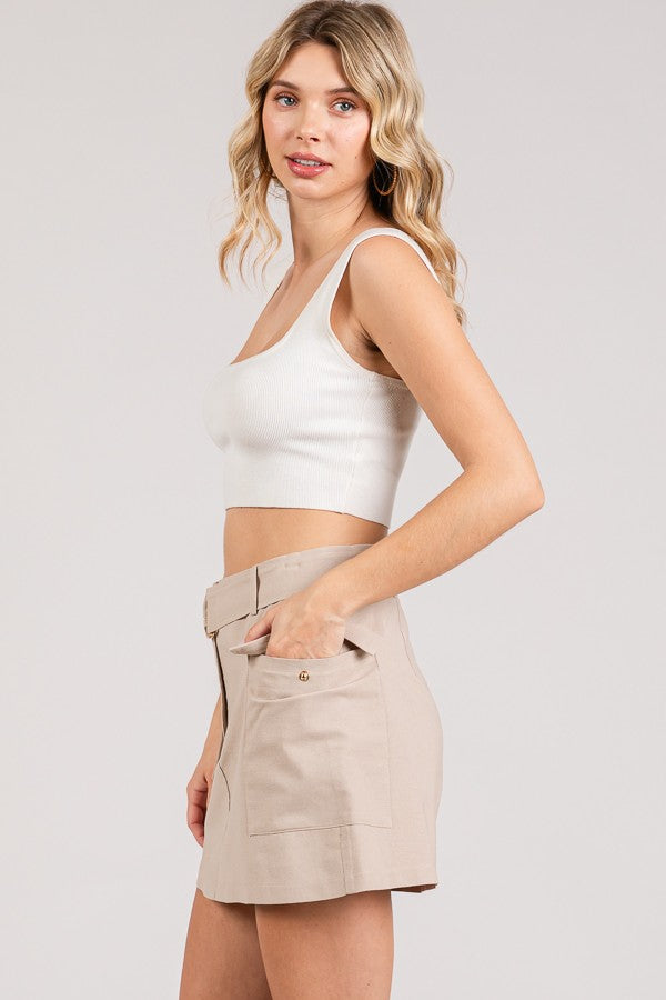 Linen Ring Tied Patch Pocketed Skort