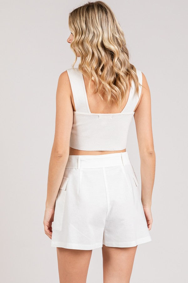 Linen Ring Tied Patch Pocketed Skort