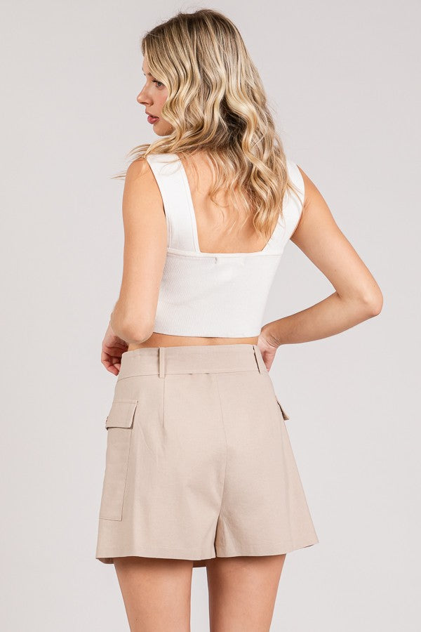Linen Ring Tied Patch Pocketed Skort