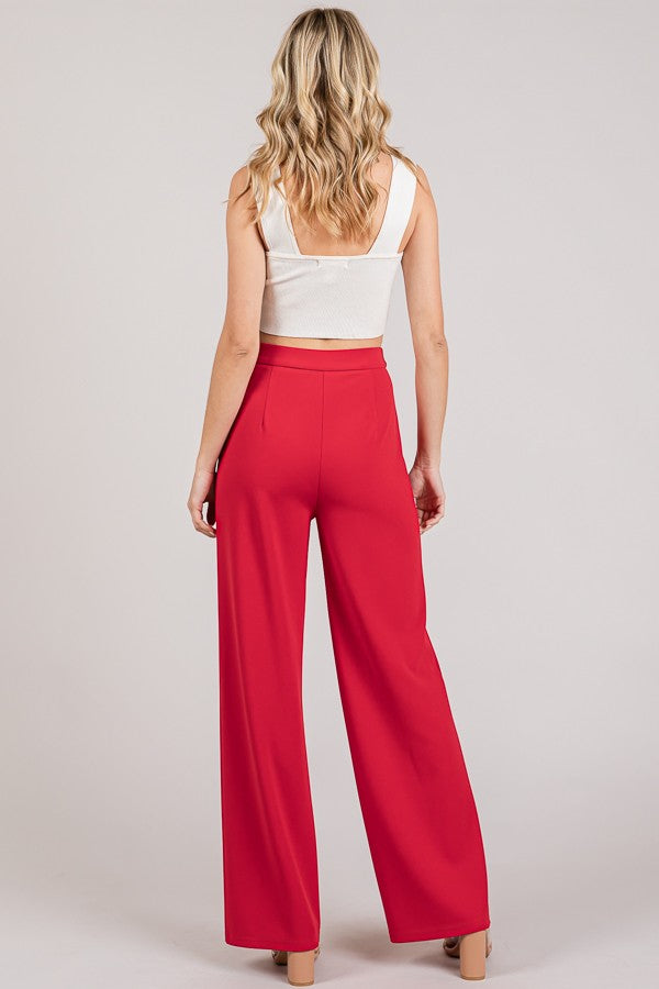 Jersey Chain Buckle Front Straight Wide Leg Trousers