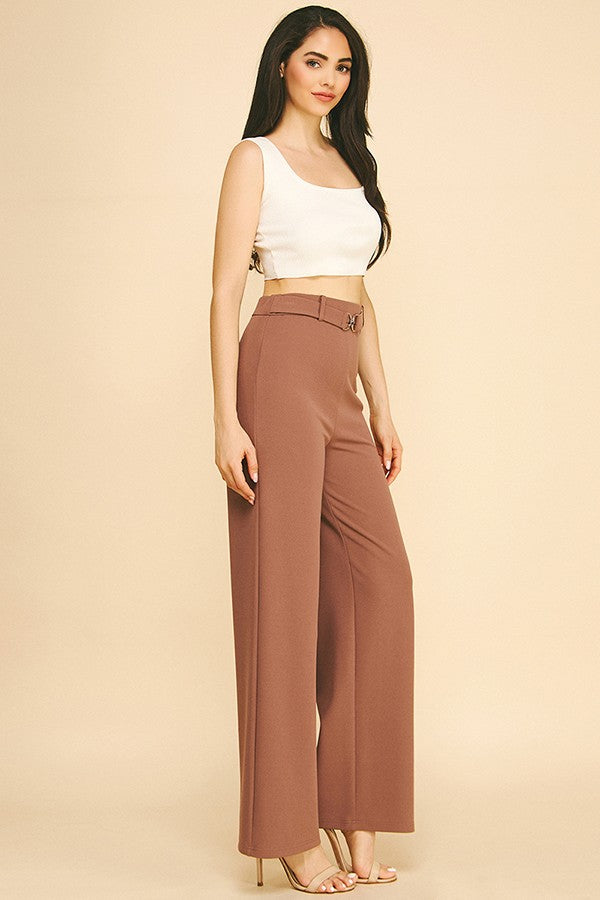 Jersey Chain Buckle Front Straight Wide Leg Trousers