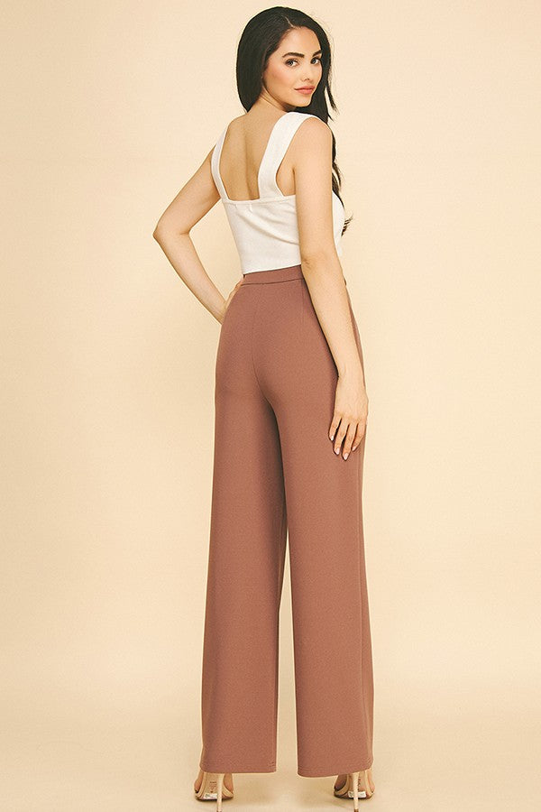 Jersey Chain Buckle Front Straight Wide Leg Trousers