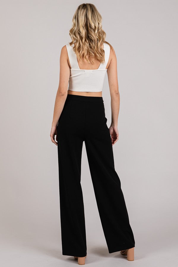 Jersey Chain Buckle Front Straight Wide Leg Trousers