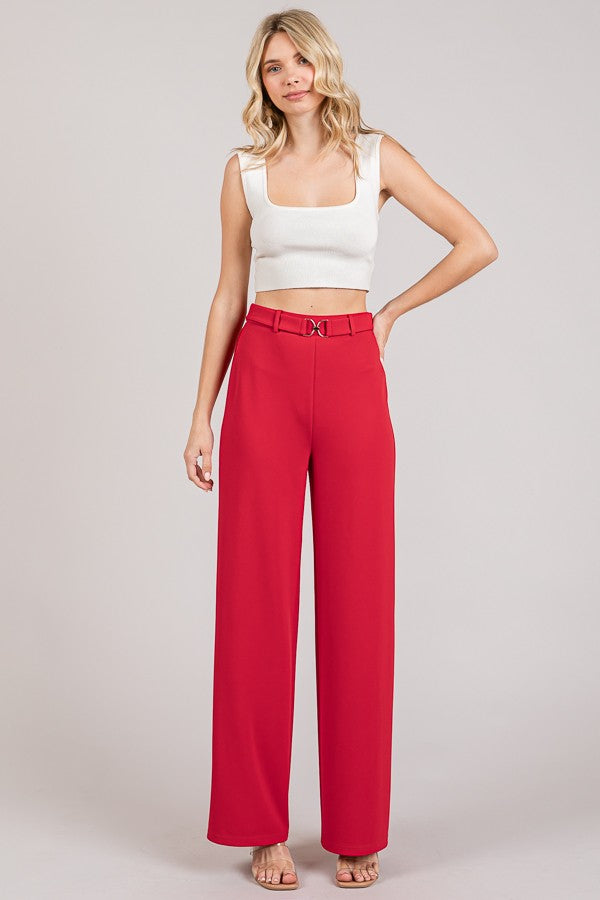 Jersey Chain Buckle Front Straight Wide Leg Trousers