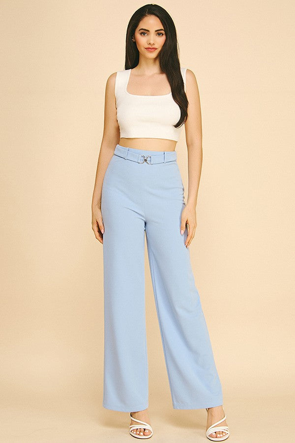 Jersey Chain Buckle Front Straight Wide Leg Trousers