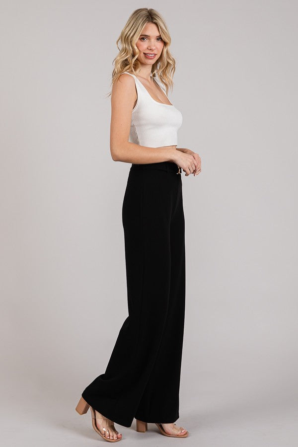 Jersey Chain Buckle Front Straight Wide Leg Trousers