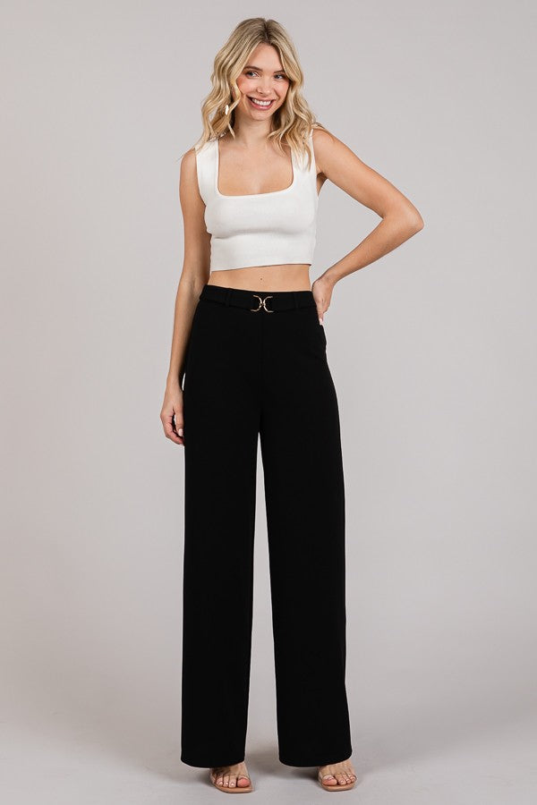 Jersey Chain Buckle Front Straight Wide Leg Trousers