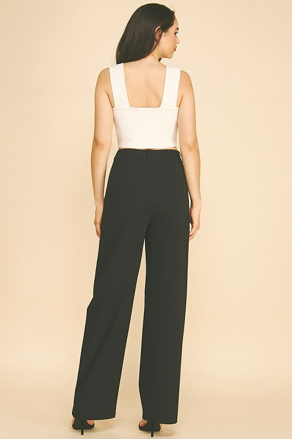 Jersey Contrast Pocket Fly Cropped Straight Wide Leg Pants