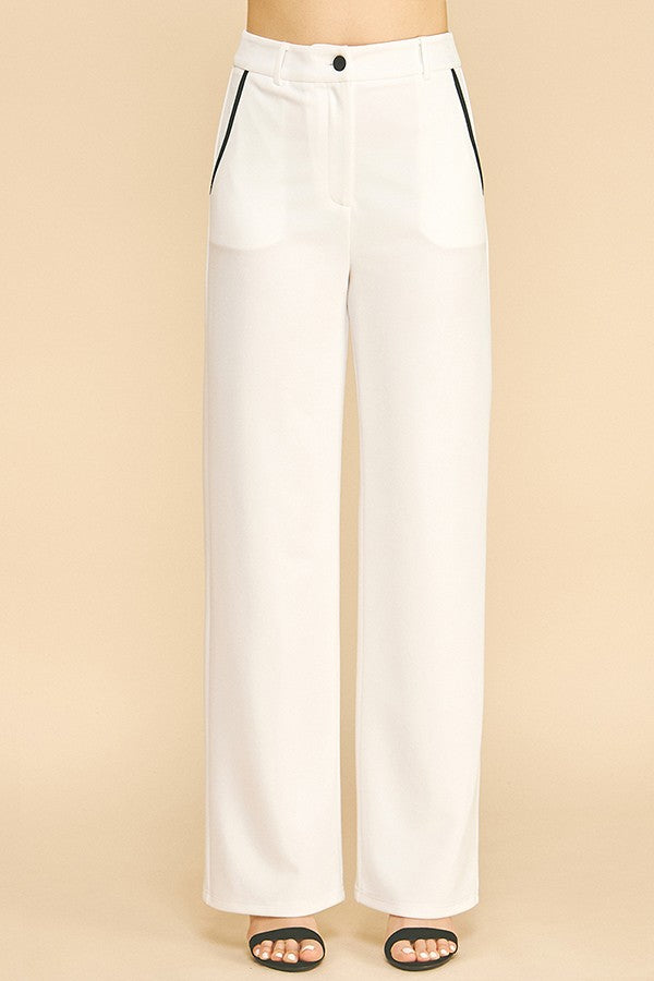 Jersey Contrast Pocket Fly Cropped Straight Wide Leg Pants