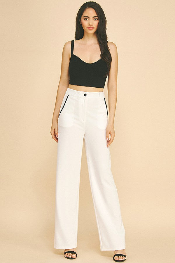 Jersey Contrast Pocket Fly Cropped Straight Wide Leg Pants