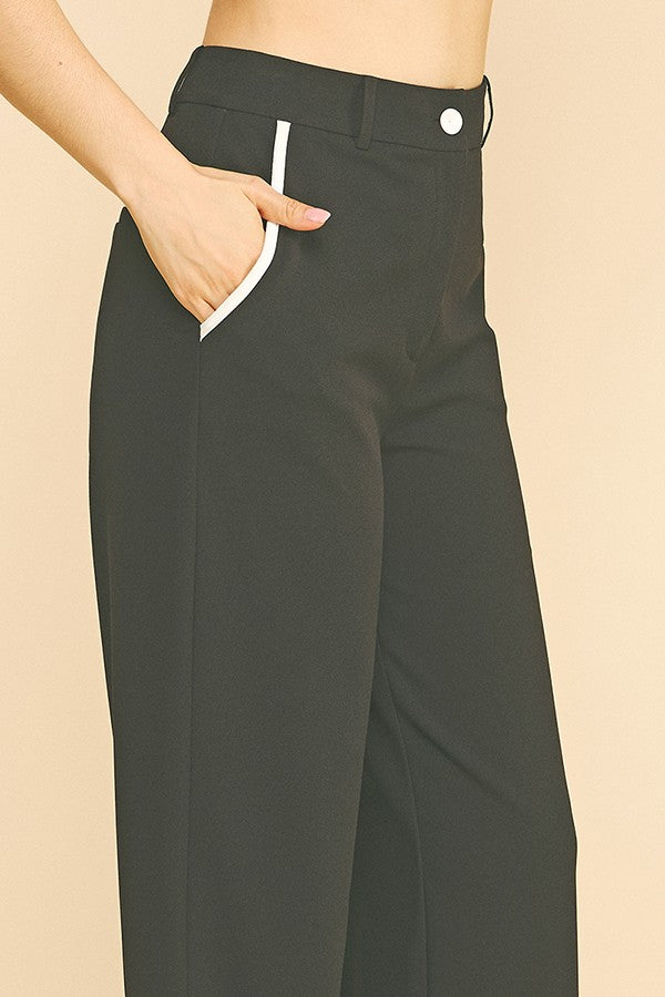 Jersey Contrast Pocket Fly Cropped Straight Wide Leg Pants