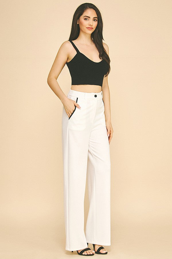 Jersey Contrast Pocket Fly Cropped Straight Wide Leg Pants