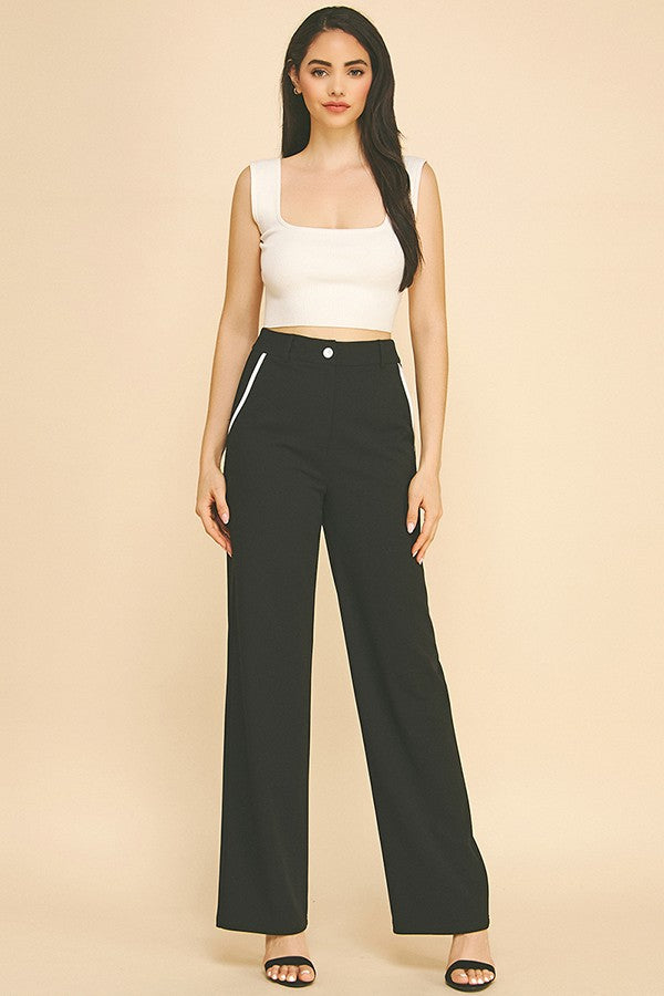 Jersey Contrast Pocket Fly Cropped Straight Wide Leg Pants