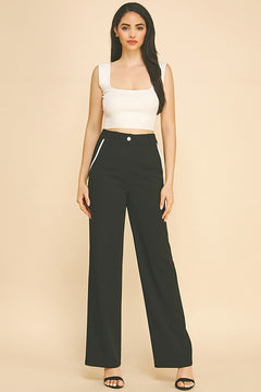 Jersey Contrast Pocket Fly Cropped Straight Wide Leg Pants