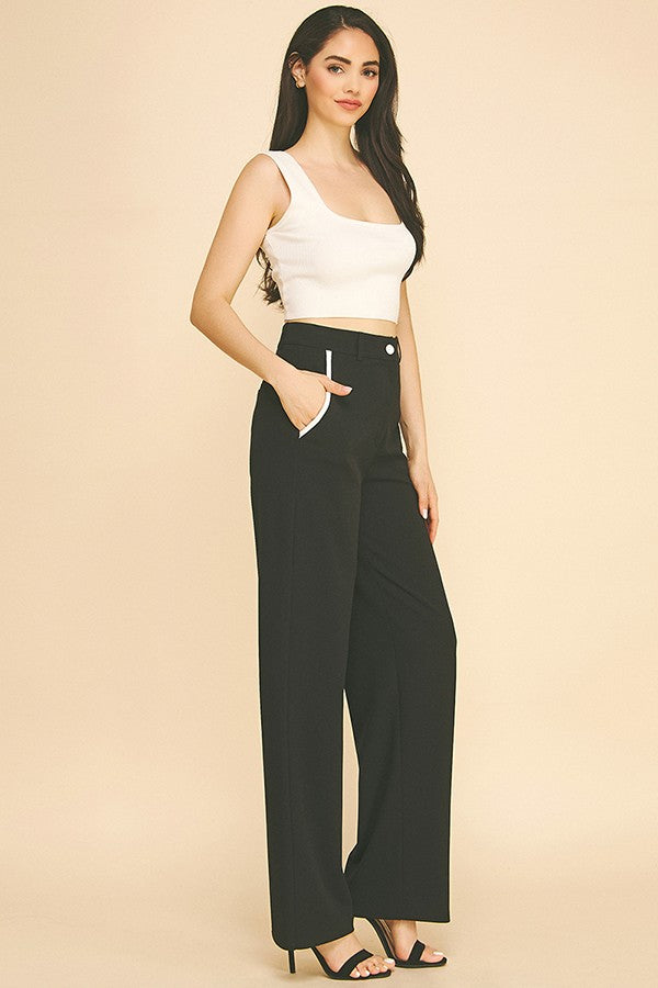Jersey Contrast Pocket Fly Cropped Straight Wide Leg Pants