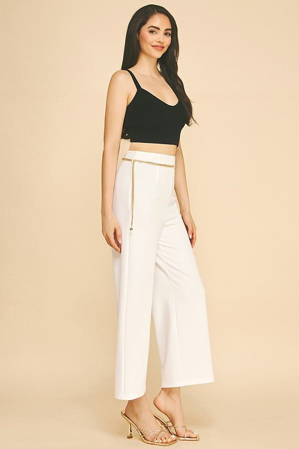 Jersey Faux Gold Chain Cropped Straight Wide Leg Pants
