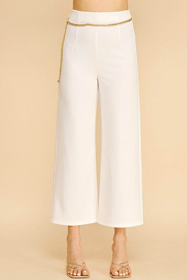 Jersey Faux Gold Chain Cropped Straight Wide Leg Pants