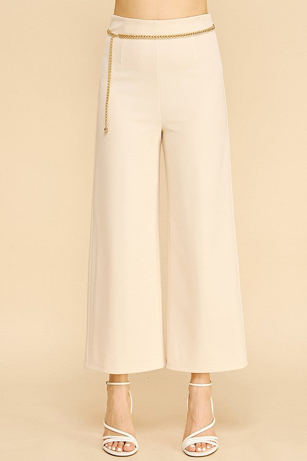Jersey Faux Gold Chain Cropped Straight Wide Leg Pants