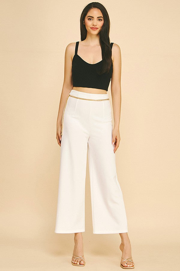 Jersey Faux Gold Chain Cropped Straight Wide Leg Pants