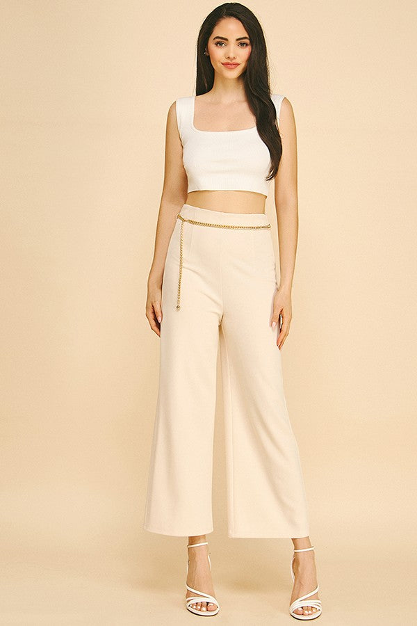 Jersey Faux Gold Chain Cropped Straight Wide Leg Pants