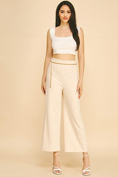 Jersey Faux Gold Chain Cropped Straight Wide Leg Pants