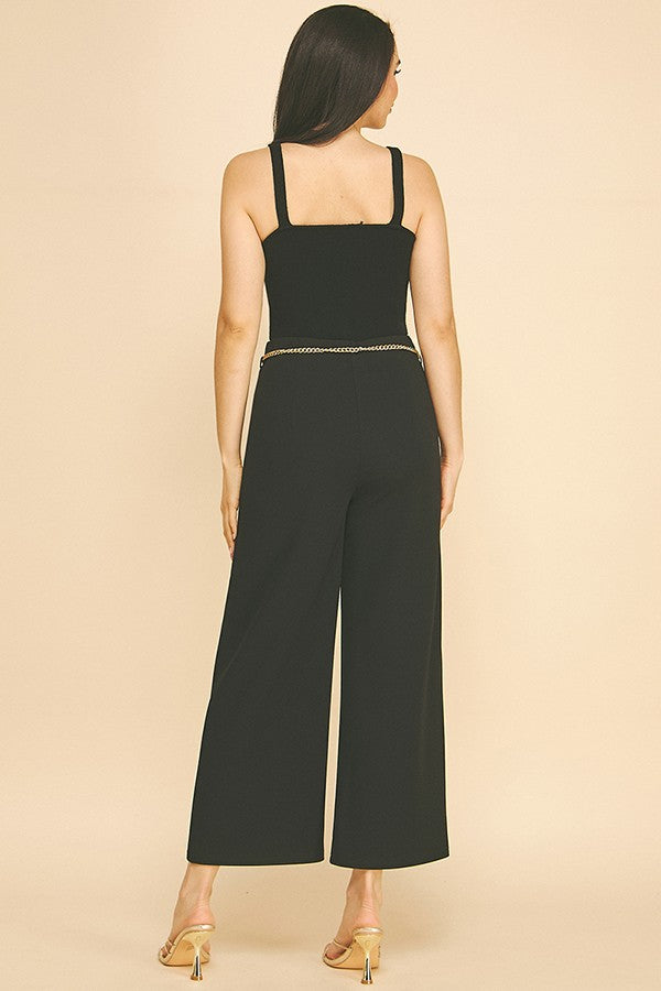 Jersey Faux Gold Chain Cropped Straight Wide Leg Pants