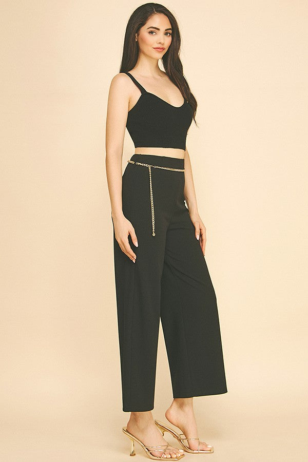 Jersey Faux Gold Chain Cropped Straight Wide Leg Pants