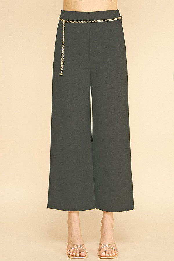 Jersey Faux Gold Chain Cropped Straight Wide Leg Pants